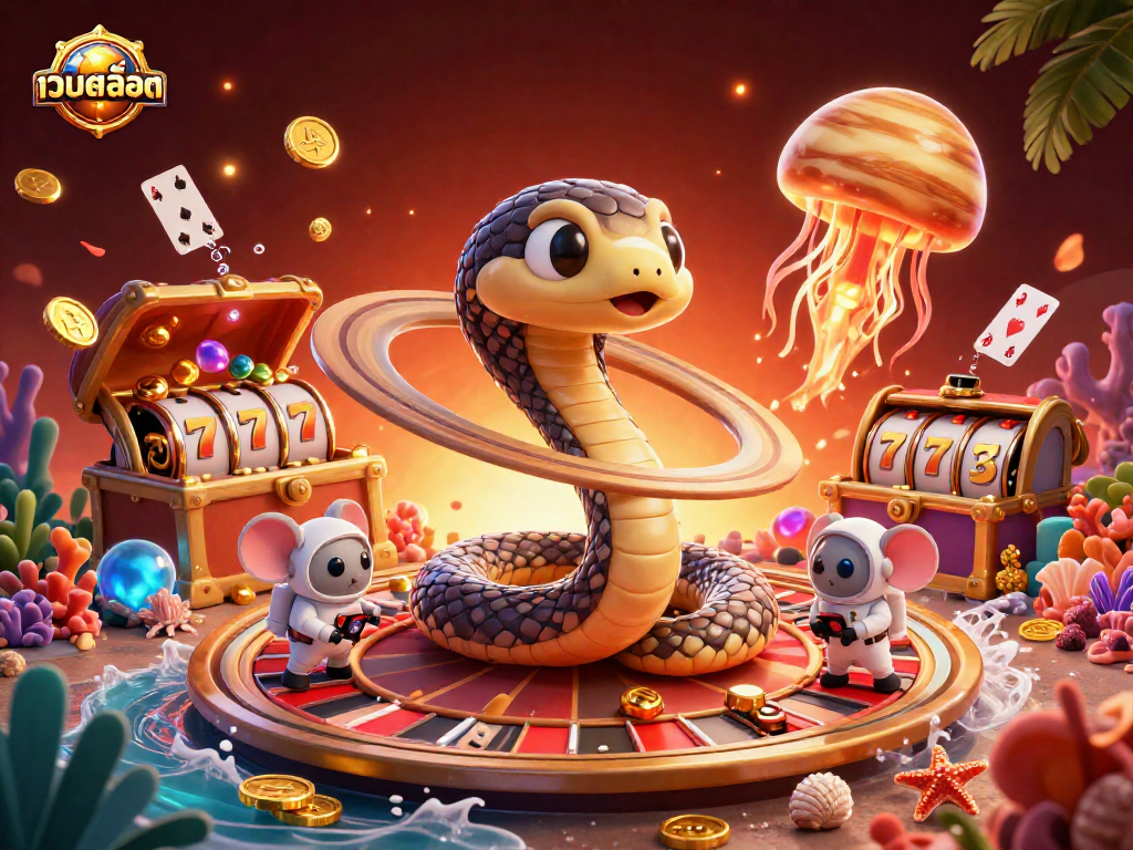 Experience exciting เว็บสล็อต casino action with a dynamic scene featuring a Saturn ring snake as the roulette wheel.