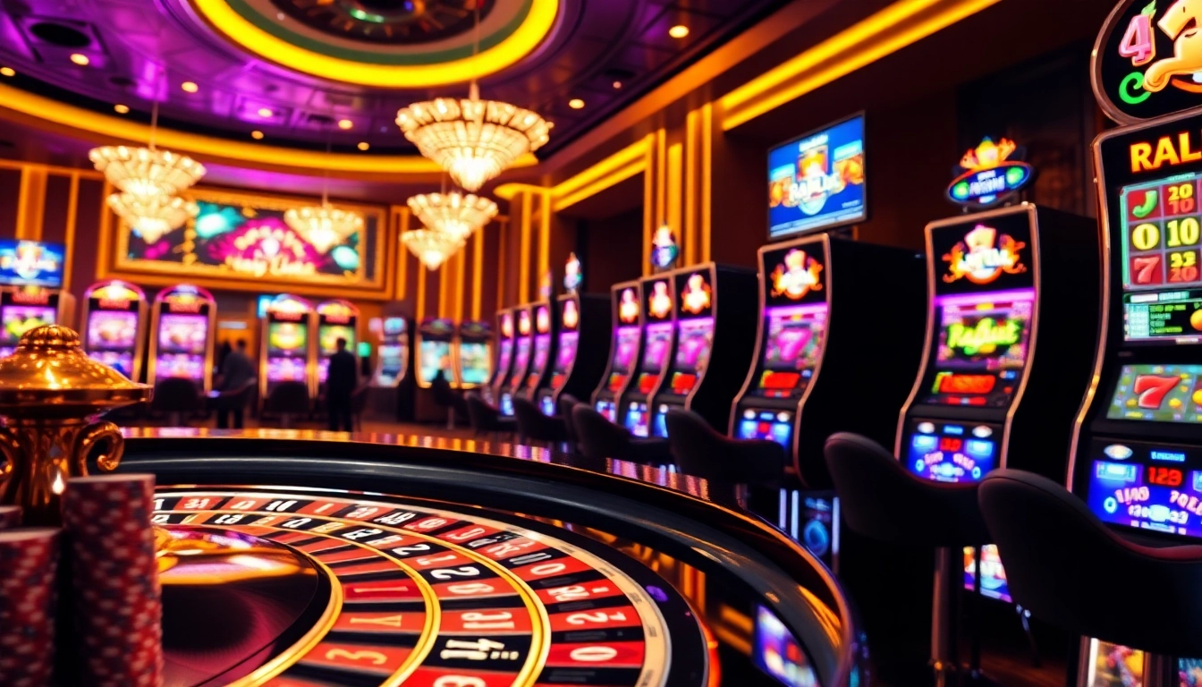 Raja luck enhances the excitement at a luxury casino, featuring vibrant slot machines and poker chips.