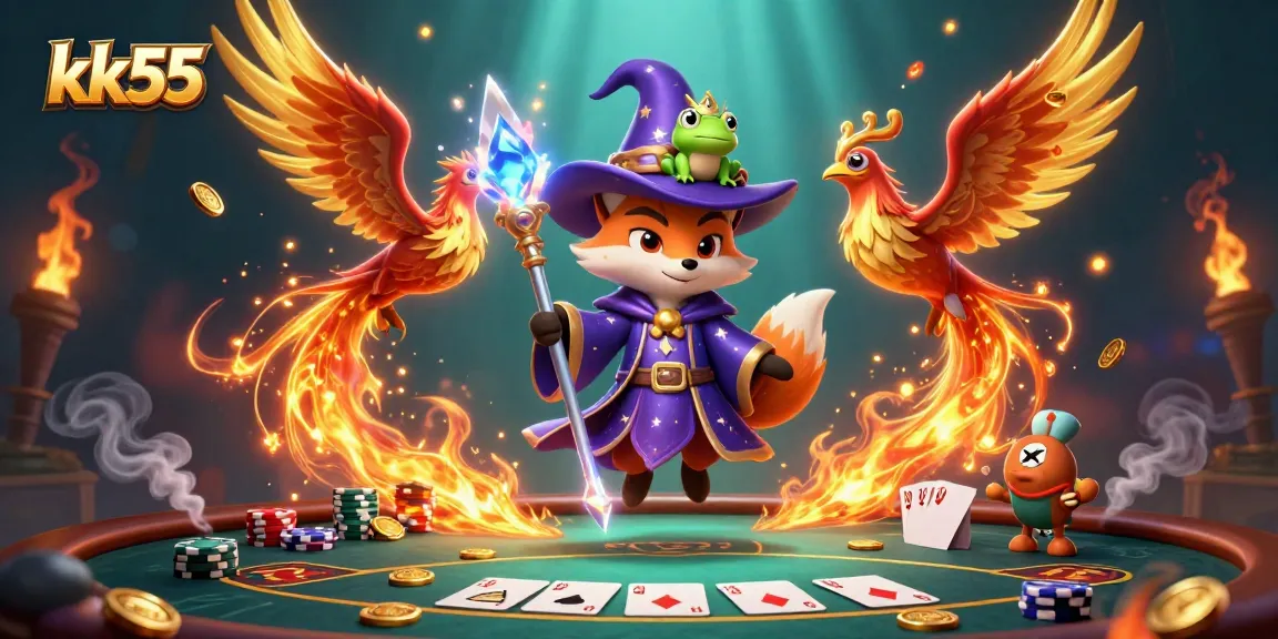 kk55 captivates players with a mystical fox wizard and phoenix in a vibrant 3D casino scene.