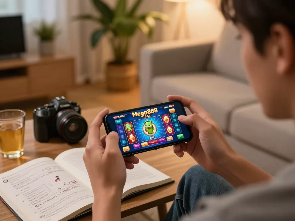 Mega888 android apk 2026 showcased on smartphone while relaxing in cozy living room for responsible gaming