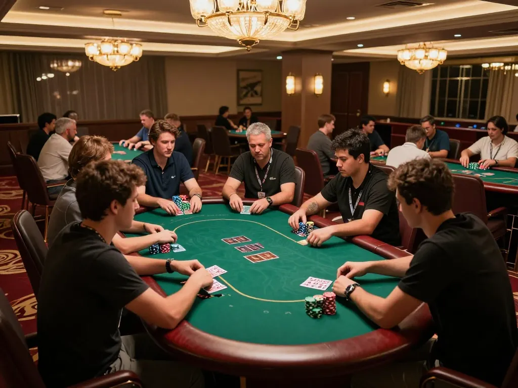 okwin players strategizing at a luxury poker table in a sophisticated casino environment