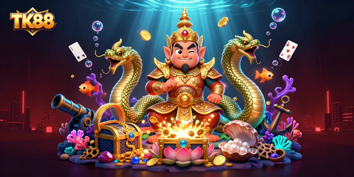 Experience the excitement at TK88 with a vibrant underwater casino scene featuring friendly guardian characters.