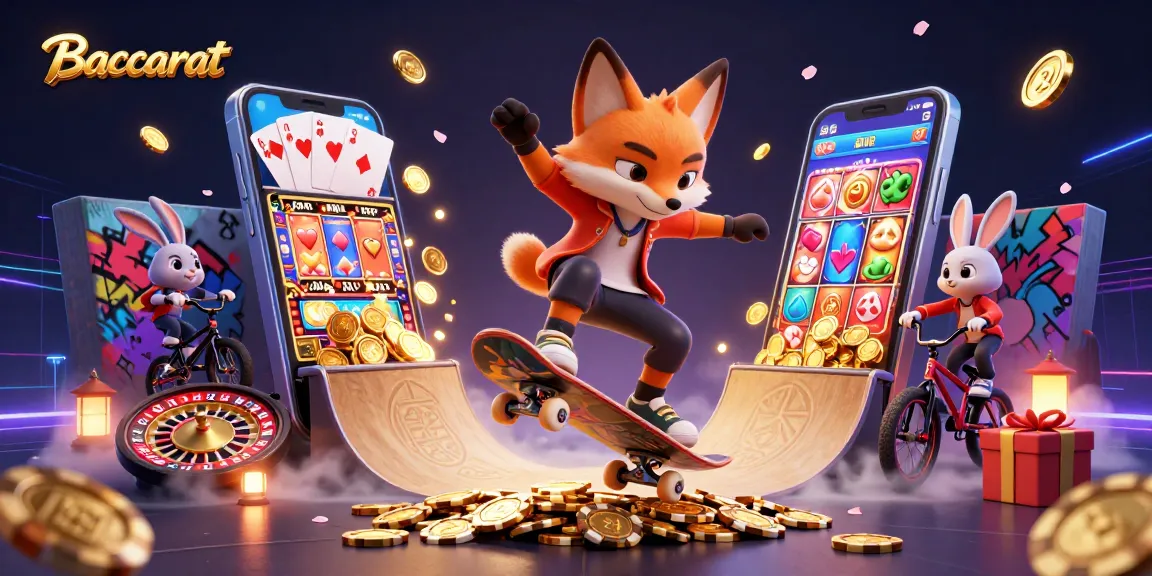 Baccarat action with a skateboarder fox and BMX rabbit in a casino-themed scene, highlighting vibrant gaming elements.