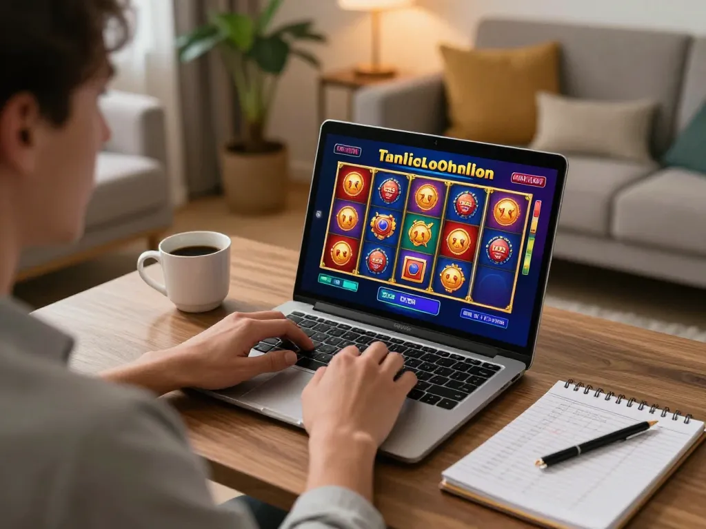Player enjoying online slots on phtaya in a cozy home setting with warm lighting.