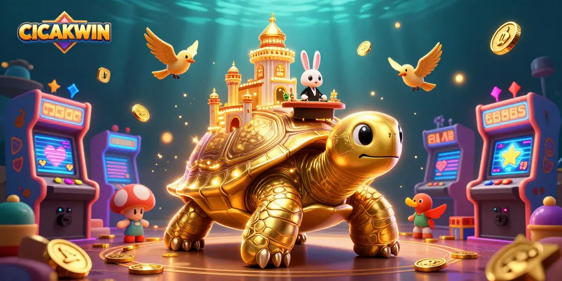 CICAKWIN showcases a vibrant casino scene with a golden tortoise, rabbit dealer, and coins flying around.