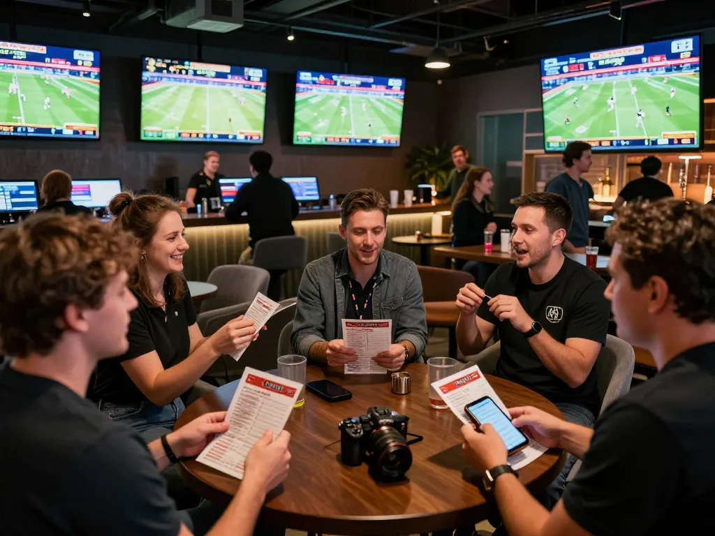 Betting enthusiasts engaged in sports betting at 789BET lounge, analyzing live game odds