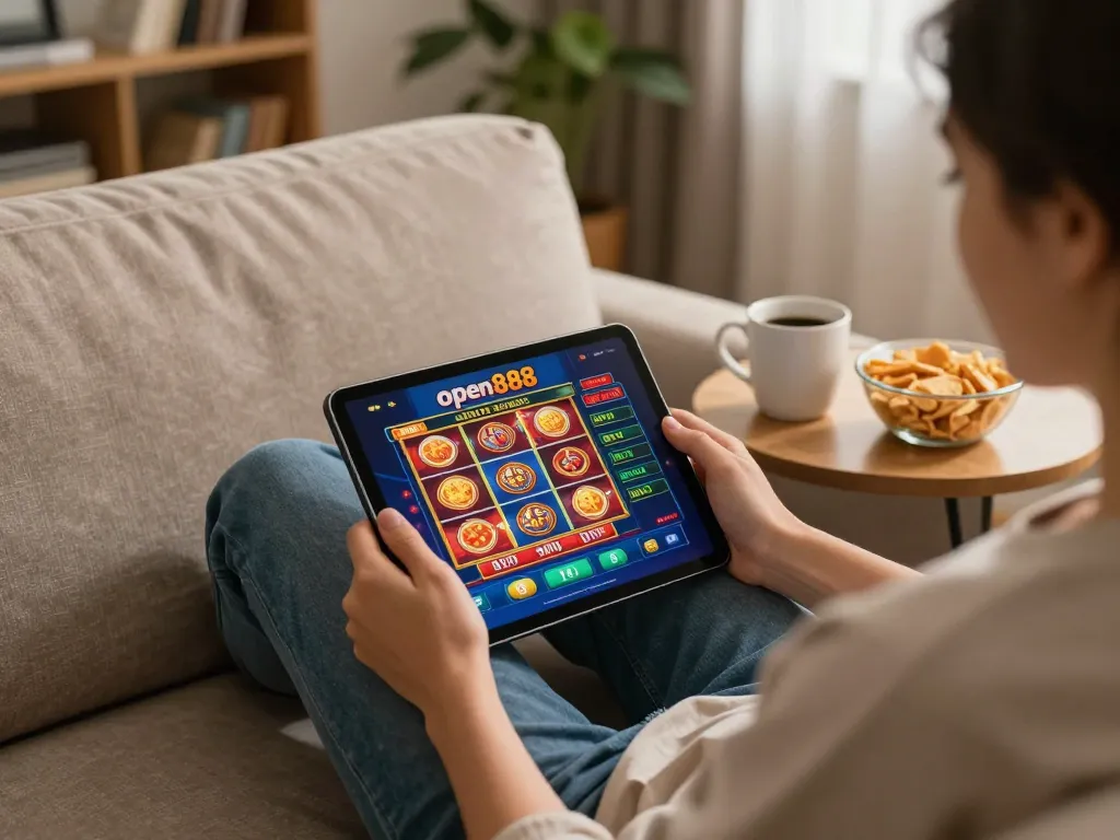 Engaging with open888 online casino on a tablet in a cozy living room.
