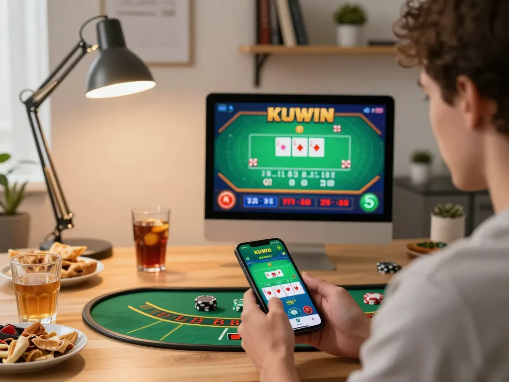 Kuwin player engaging in live dealer blackjack on smartphone, modern home office setting, vibrant atmosphere.