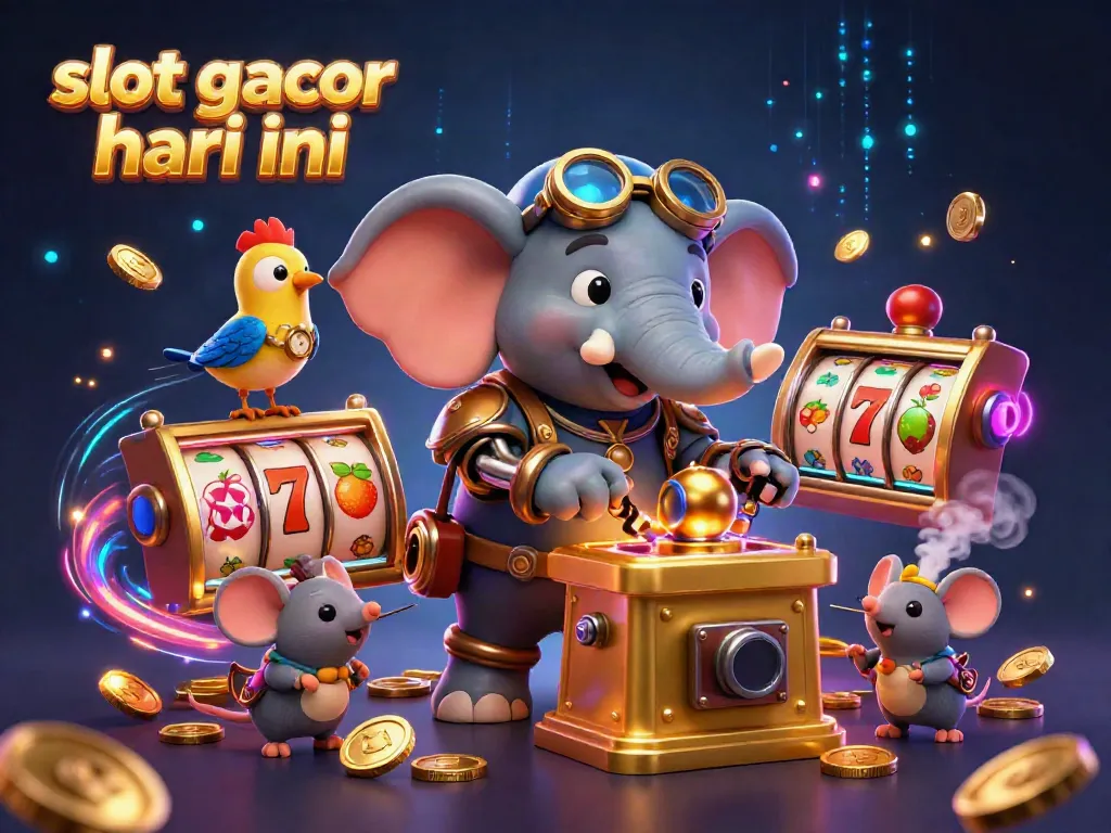 Menang slot gacor hari ini dengan ilustrasi 3D kartun mesin slot dan karakter steampunk yang dinamis.