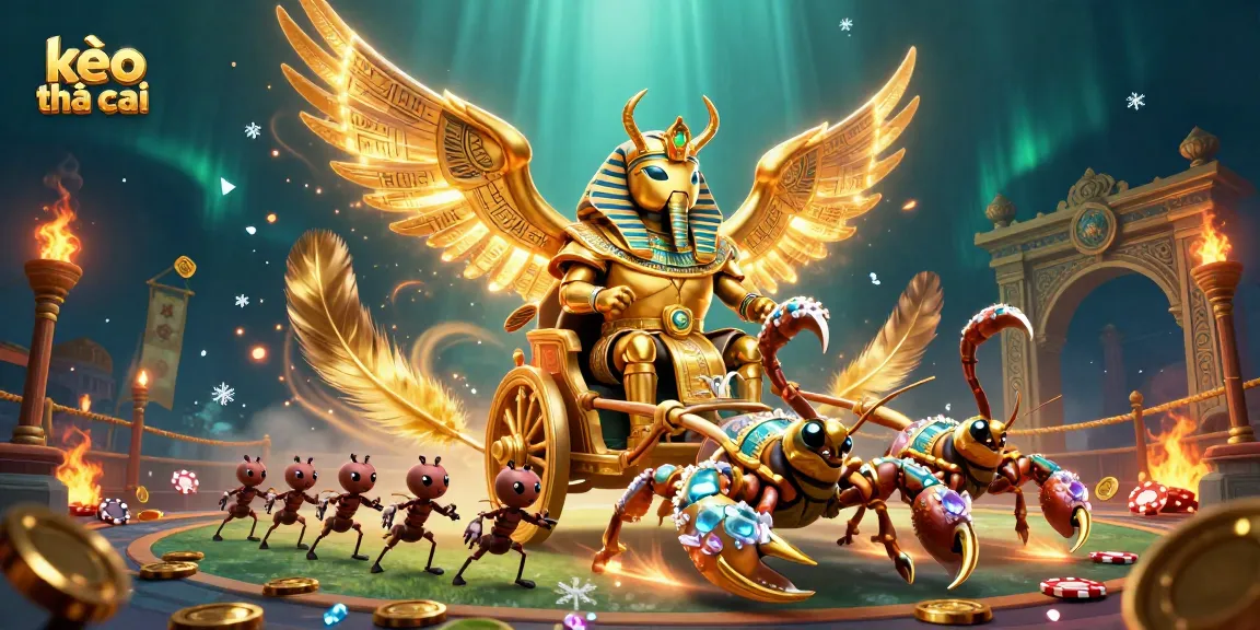 Engage with kèo nhà cái through a vibrant sports betting scene with golden scarabs and scorpions.