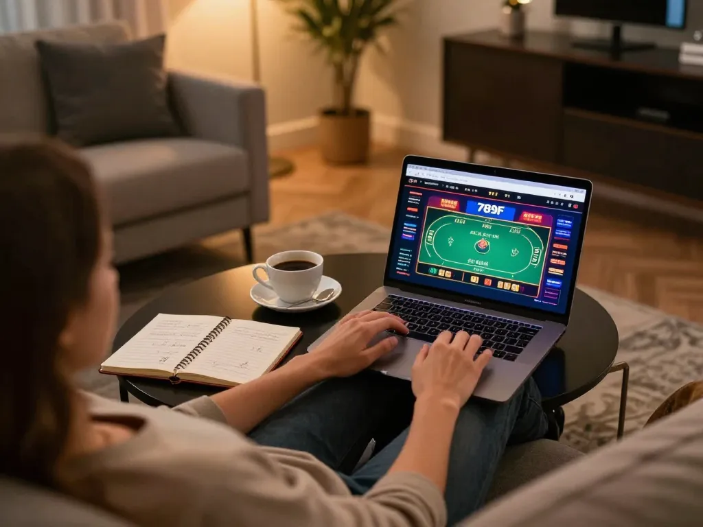 Engaging online gaming scene showing person using 789f link for casino fun and strategic betting.