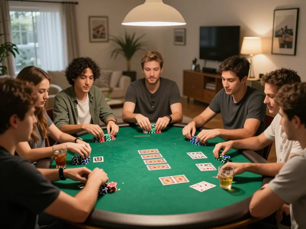 Friends enjoying an exciting poker game night featuring nk88mvp strategies, with visible cards and competitive atmosphere.