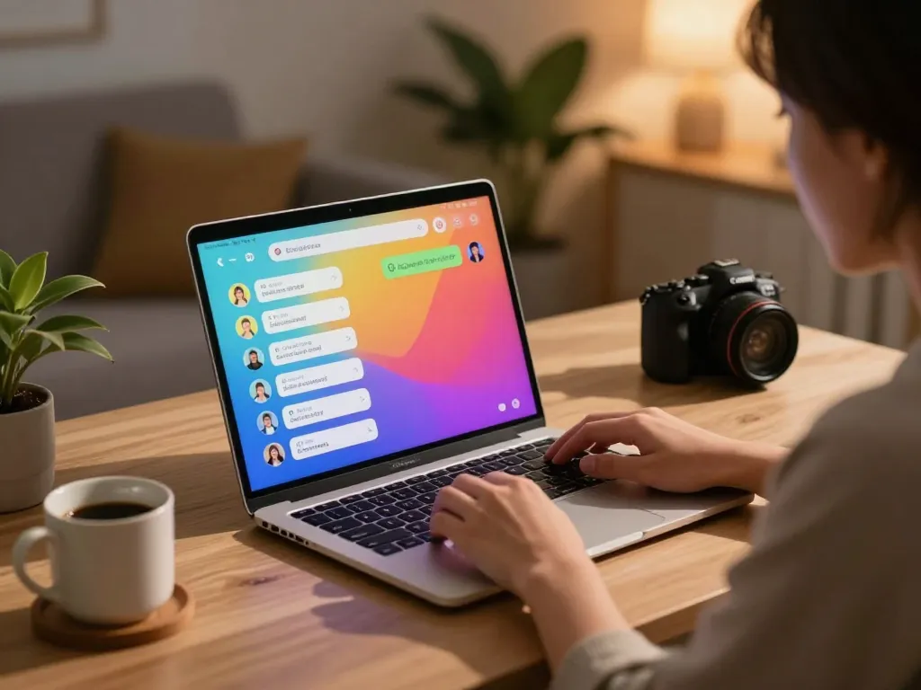 Engaging in ai sex chat on a laptop in a cozy home setting with vibrant interface.