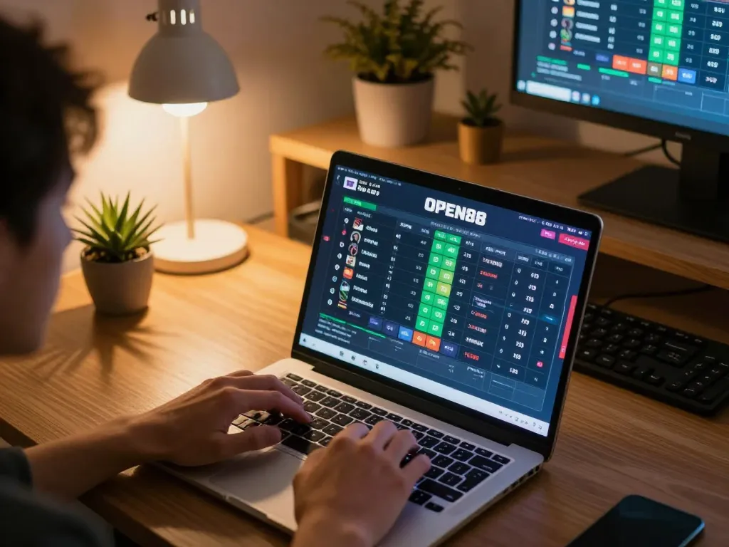 Engaged player placing bets on OPEN88's live sports betting platform at home