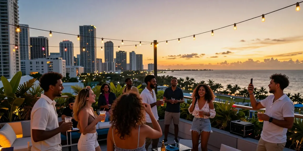 Pesta teman di atap dengan pemandangan https://miami4d.com/ saat matahari terbenam, suasana ceria dan hangat.