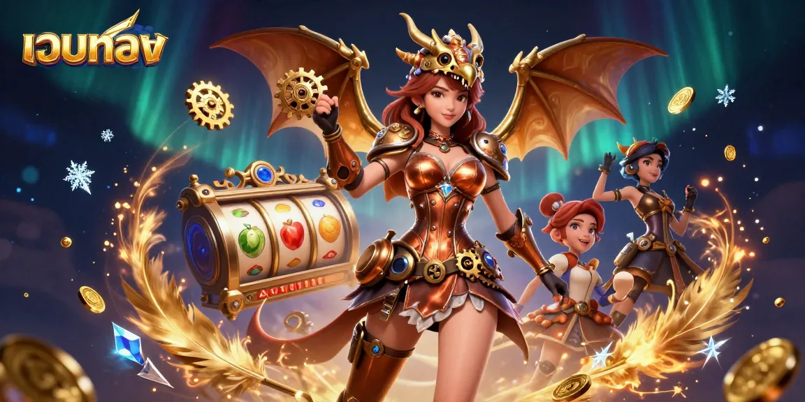 Experience เว็บตรง gaming excitement with slots, coins, and a vibrant steampunk dragon.