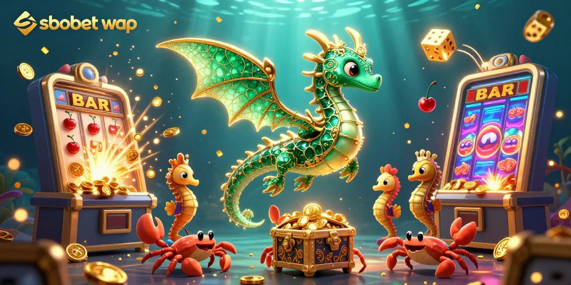 Experience sbobet wap excitement: a vibrant casino scene with dragons, treasure, and jackpots.