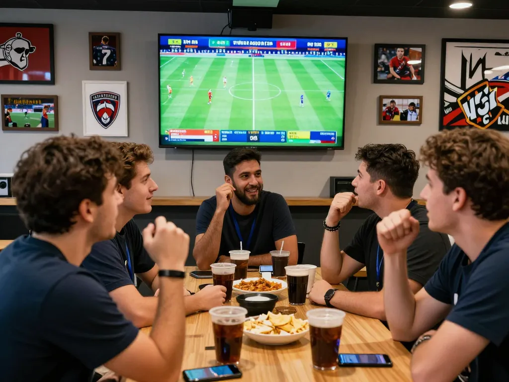 Friends analyzing tỷ lệ kèo bóng đá while enjoying a lively betting atmosphere at a sports bar.