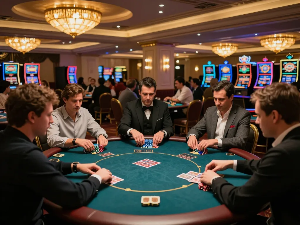 Capturing the excitement of Chatgpt caricature creation on casino gaming floor with players and dealers engaged.