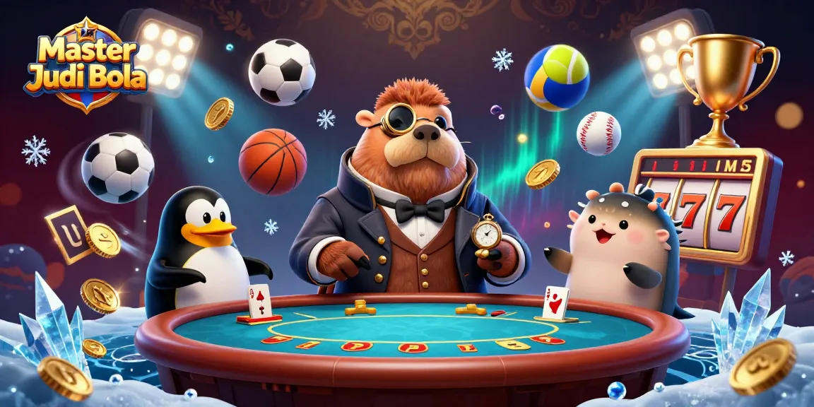 Play at Master Judi Bola with a 3D jolly walrus and poker action in a vibrant casino scene.