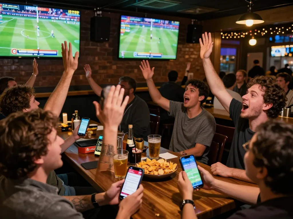 Exciting scene at a sports betting bar with patrons using cm88 app for live betting.