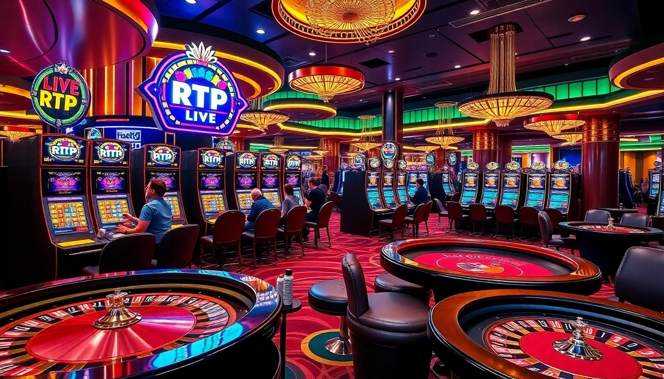 Players engaging with slot machines while monitoring RTP Live percentages in a luxurious casino.
