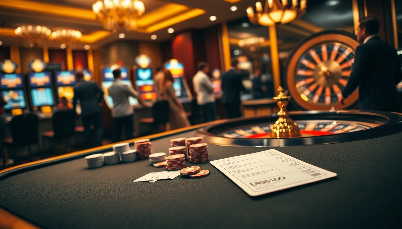 A professional Agen Judi Bola setup showcasing poker chips and vibrant slot machines in a luxury casino.