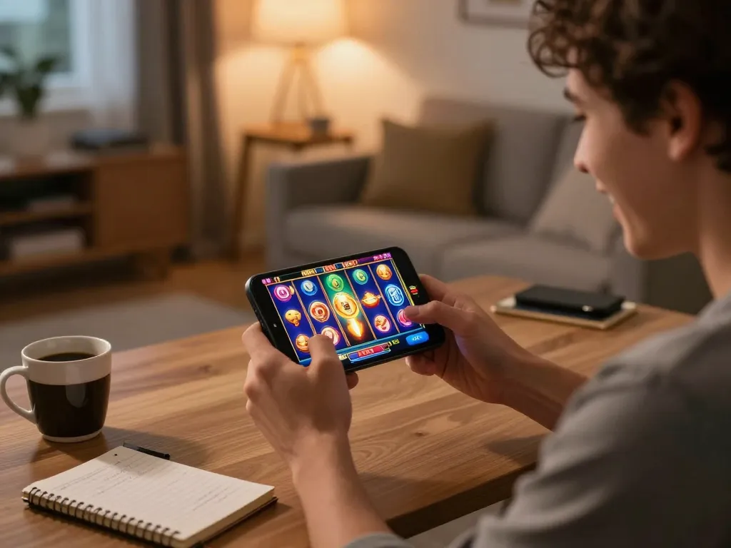 Kdtoto player excitedly engaging with online slots on smartphone in modern home