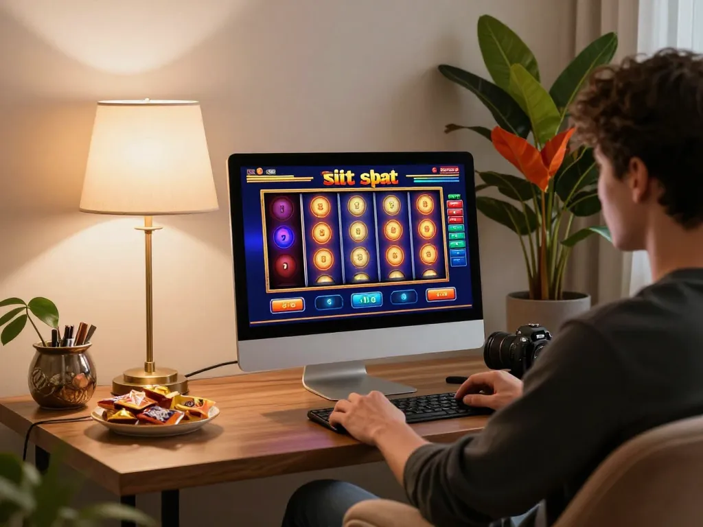 Engage in situs slot online gaming at a cozy home setup, showcasing vibrant reels and relaxation.