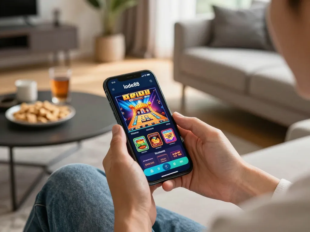 Engaged in using tải app lode88 on smartphone for mobile gaming in cozy atmosphere