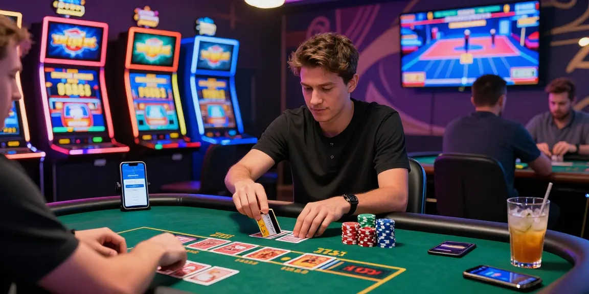Excited player at credit card casinos, ready to deposit with a credit card, vibrant gaming atmosphere.