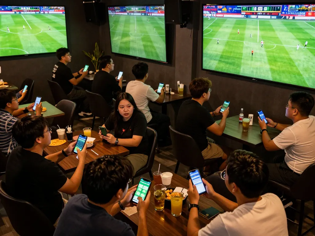 Excited fans engaging with real-time kèo nhà cái in a lively sports betting lounge during a soccer match.