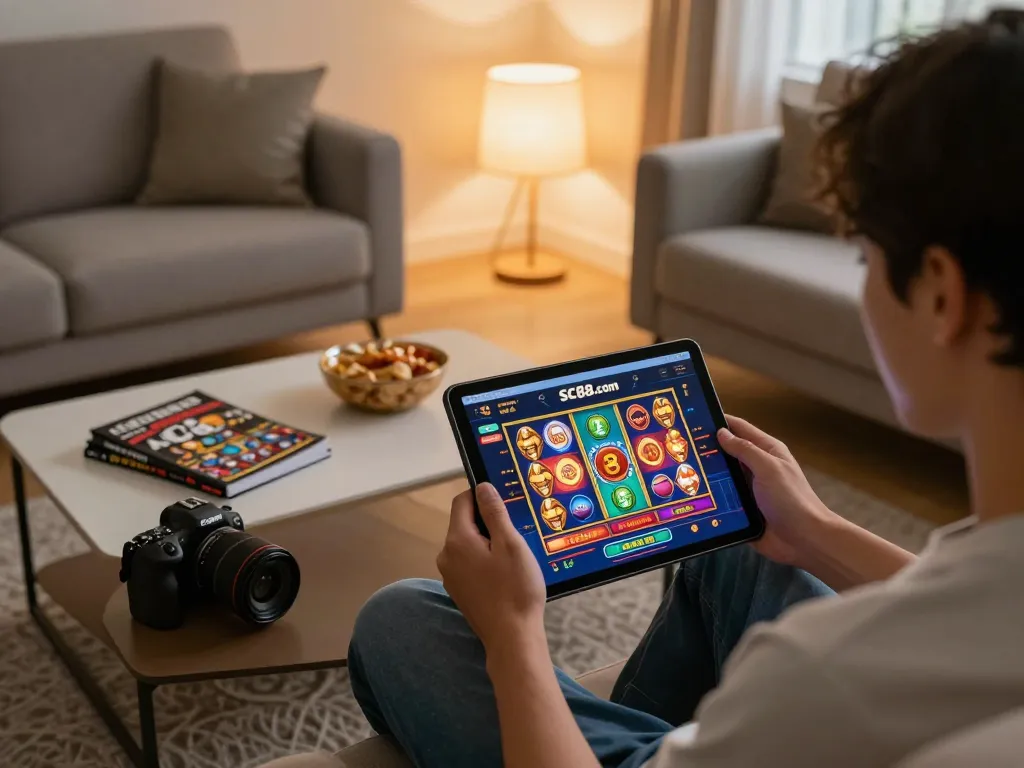 Engaged user on SC88.com enjoying online slots game in a cozy home environment.
