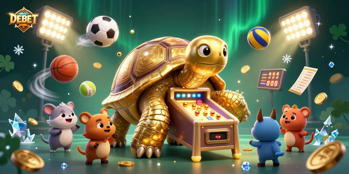 Experience thrilling DEBET gaming with a golden tortoise pinball and dynamic sports elements.