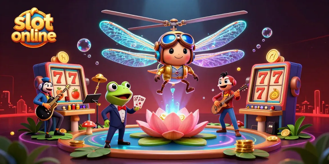 Spinning the slot online reels for jackpots at a vibrant lily pad casino with dynamic characters.