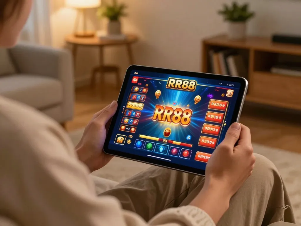 Engaging gameplay on an RR88 casino app in a cozy home environment with warm lighting.