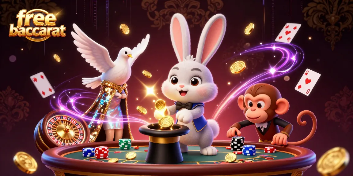Celebrate free credit baccarat with a magical scene featuring a rabbit, dove, and monkey amidst casino thrills.