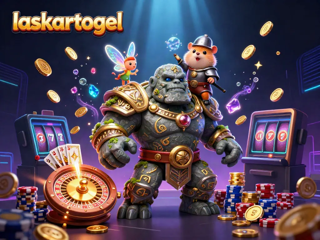 Experience the thrill of laskartogel with gold coins, vibrant poker chips, and magical characters in an epic casino scene.