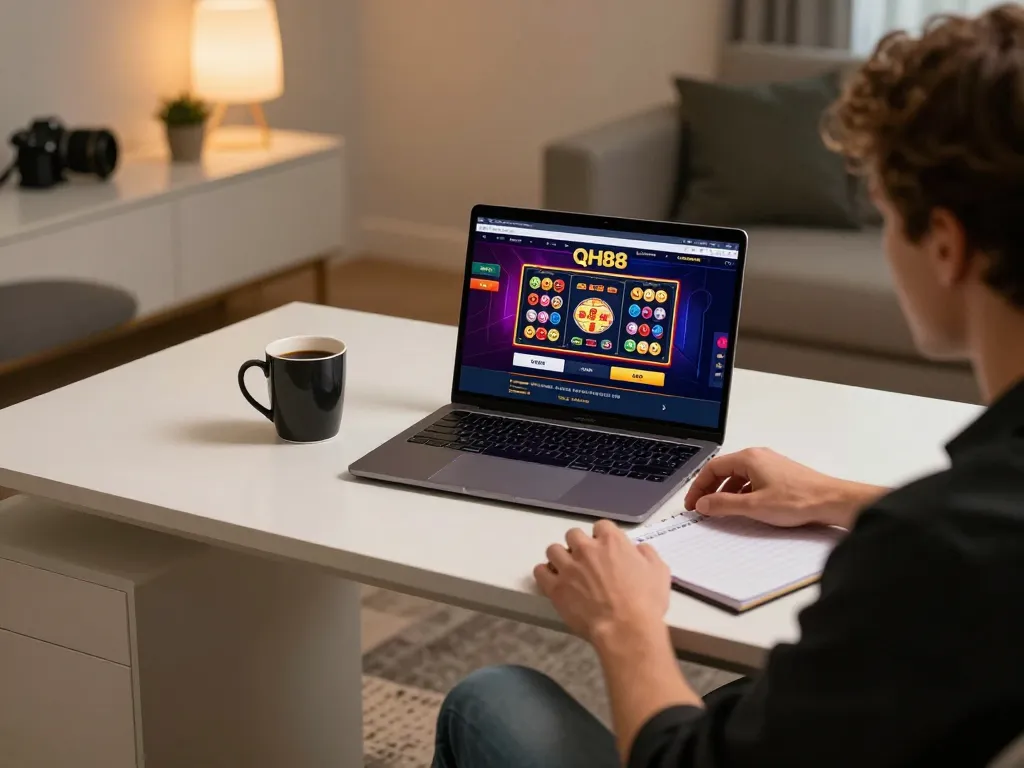 Person engaging with QH88 online casino on laptop, warm home gaming setup