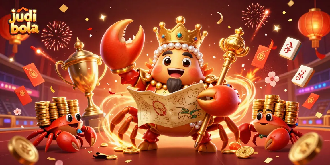 Engage in judi bola with a majestic crab emperor surrounded by festive sports betting elements.