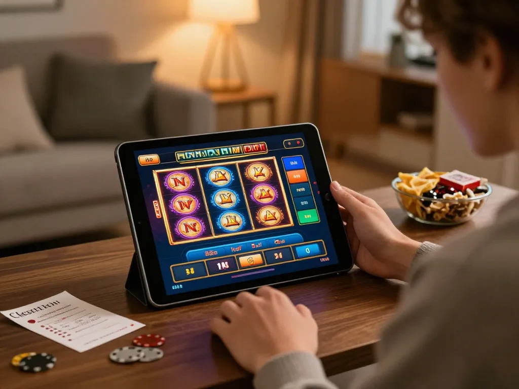 Excited player enjoying Nhà cái CM88 casino games on a tablet in a cozy home.