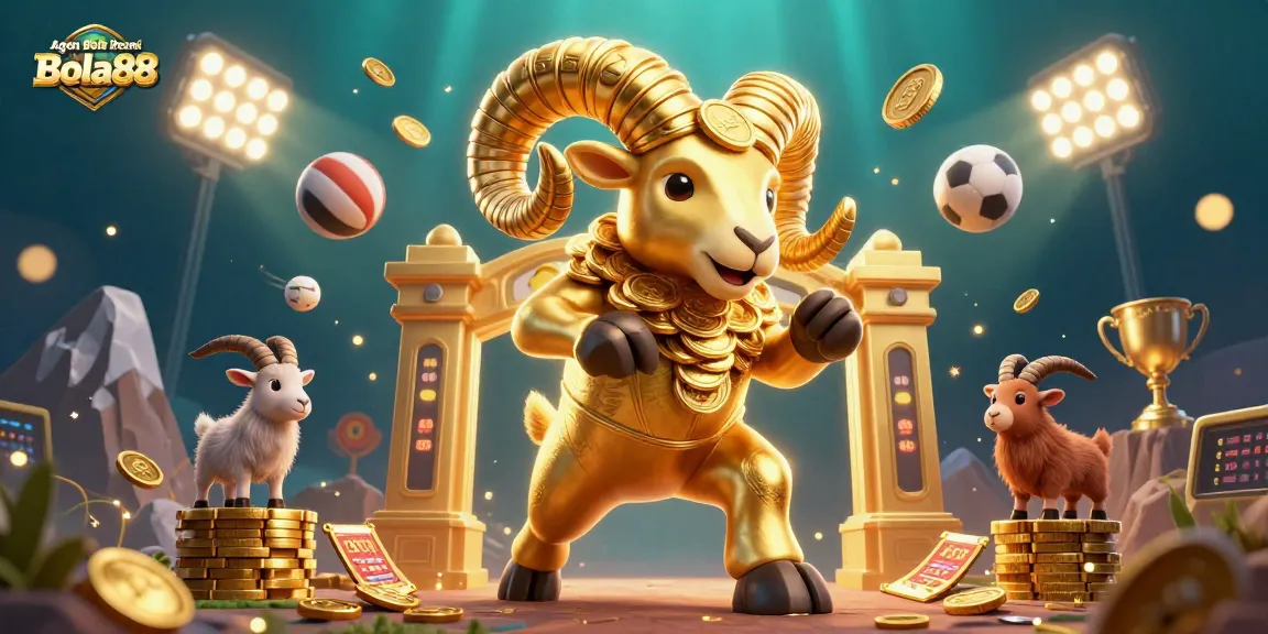 Agen Bola Resmi Bola88 showcases thrilling sports betting with dynamic action, trophies, and sports elements.