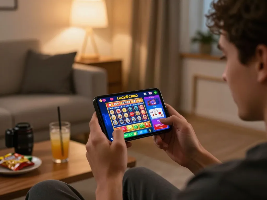 Engaging in mobile gaming Vào LUCK8 with vibrant casino app interface on smartphone in cozy home setup