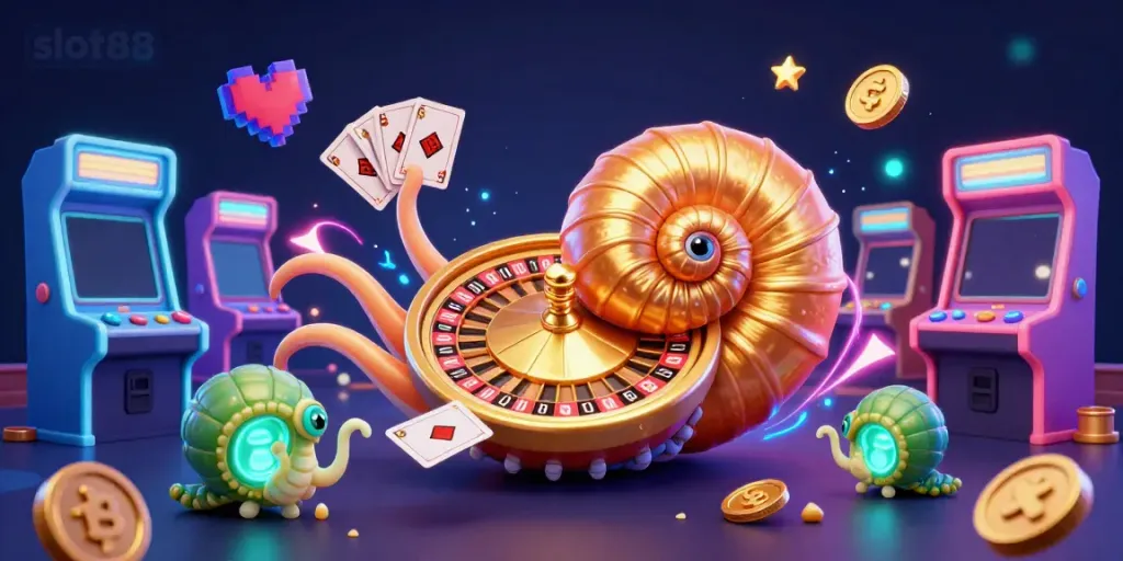 Permainan menang slot88 dengan nautilus besar dan elemen kasino berkilau dalam ilustrasi 3D.