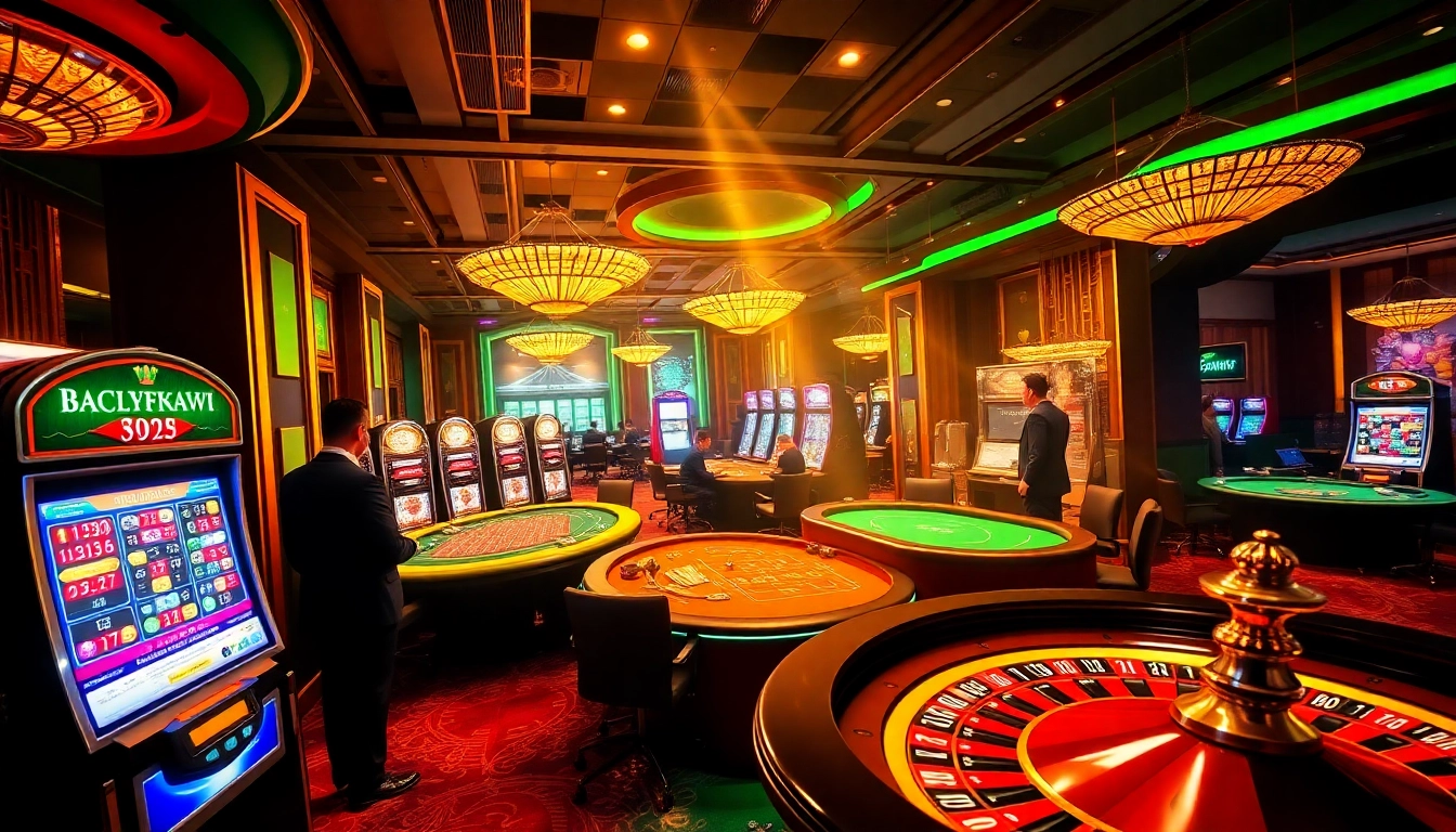 Players enjoying a dynamic casino experience at NA777 with professional dealers and vibrant slot machines.