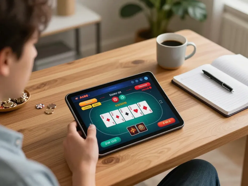 Player enjoying AU88 online casino gaming on tablet at home, showcasing strategic engagement and relaxation