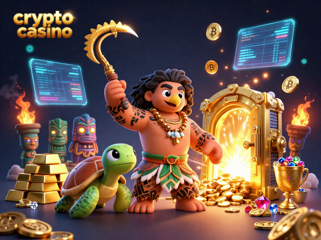 Experience the excitement of a crypto casino with vibrant characters and gold treasures.