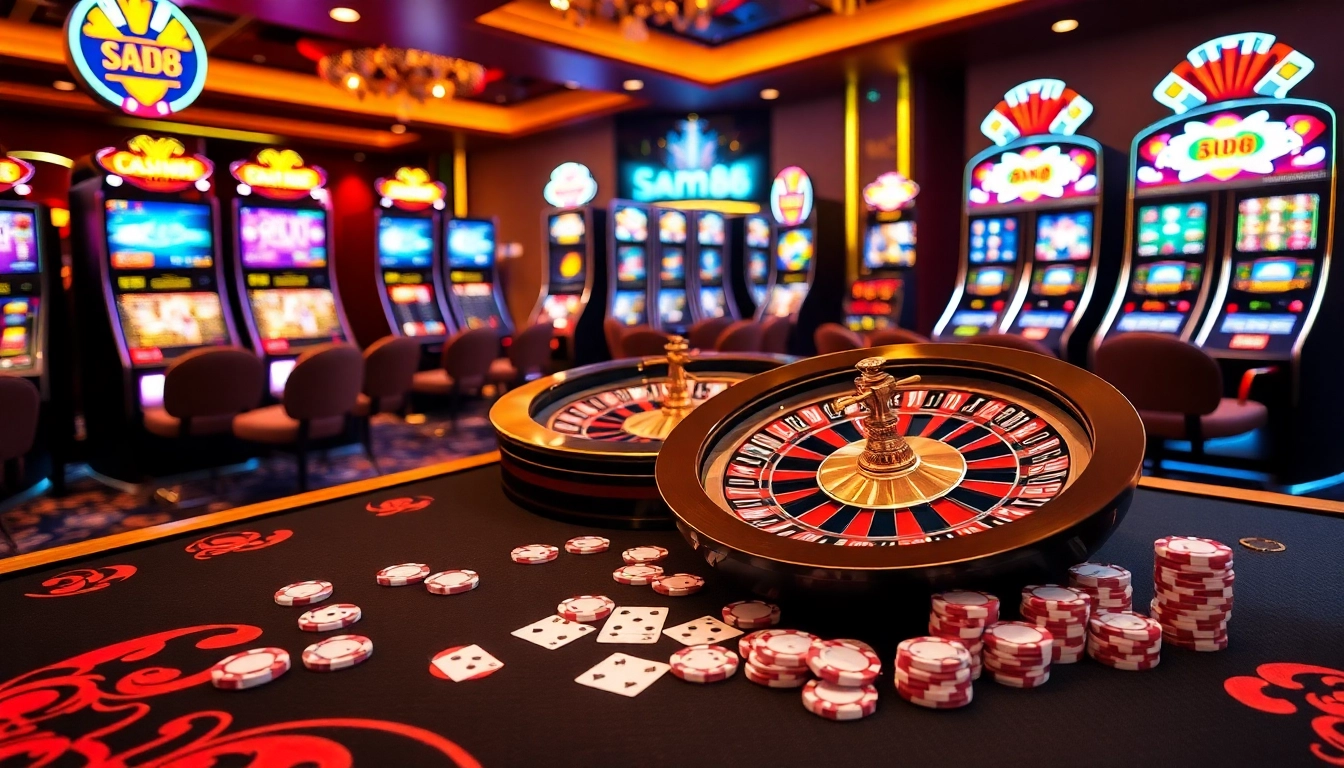Sam86 casino scene showcasing vibrant poker chips, roulette wheel, and thrilling atmosphere.