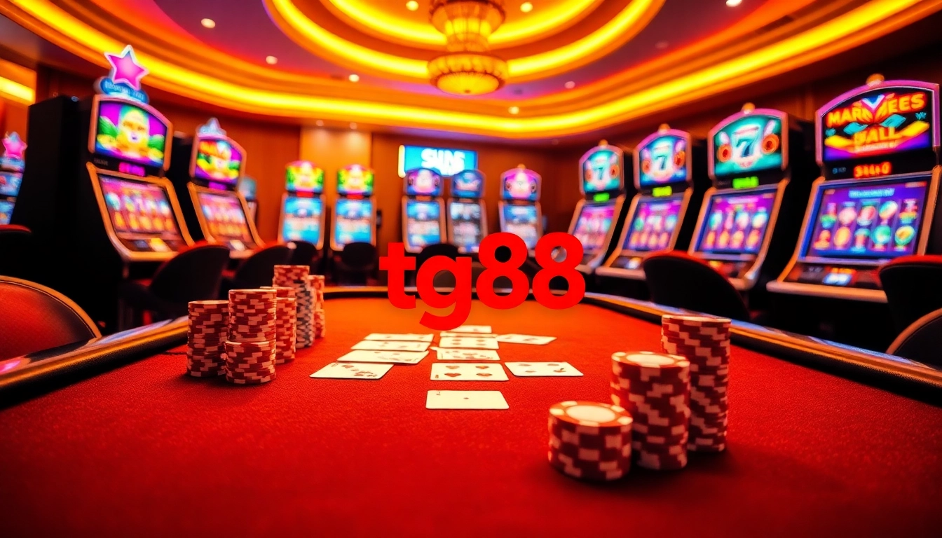 Experience the excitement of tg88 with vibrant casino elements including poker tables and colorful slot machines.