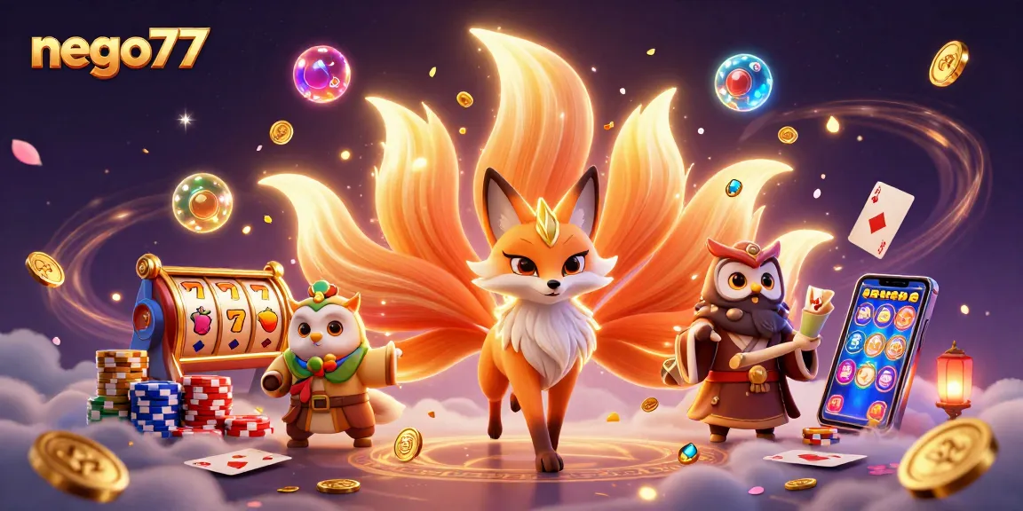 Engage with nego77, showcasing a vibrant slot gaming scene with colorful characters and dynamic casino elements.